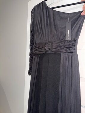 Fashion Nova Black One-Shoulder Jumpsuit with Long Sheer Train
